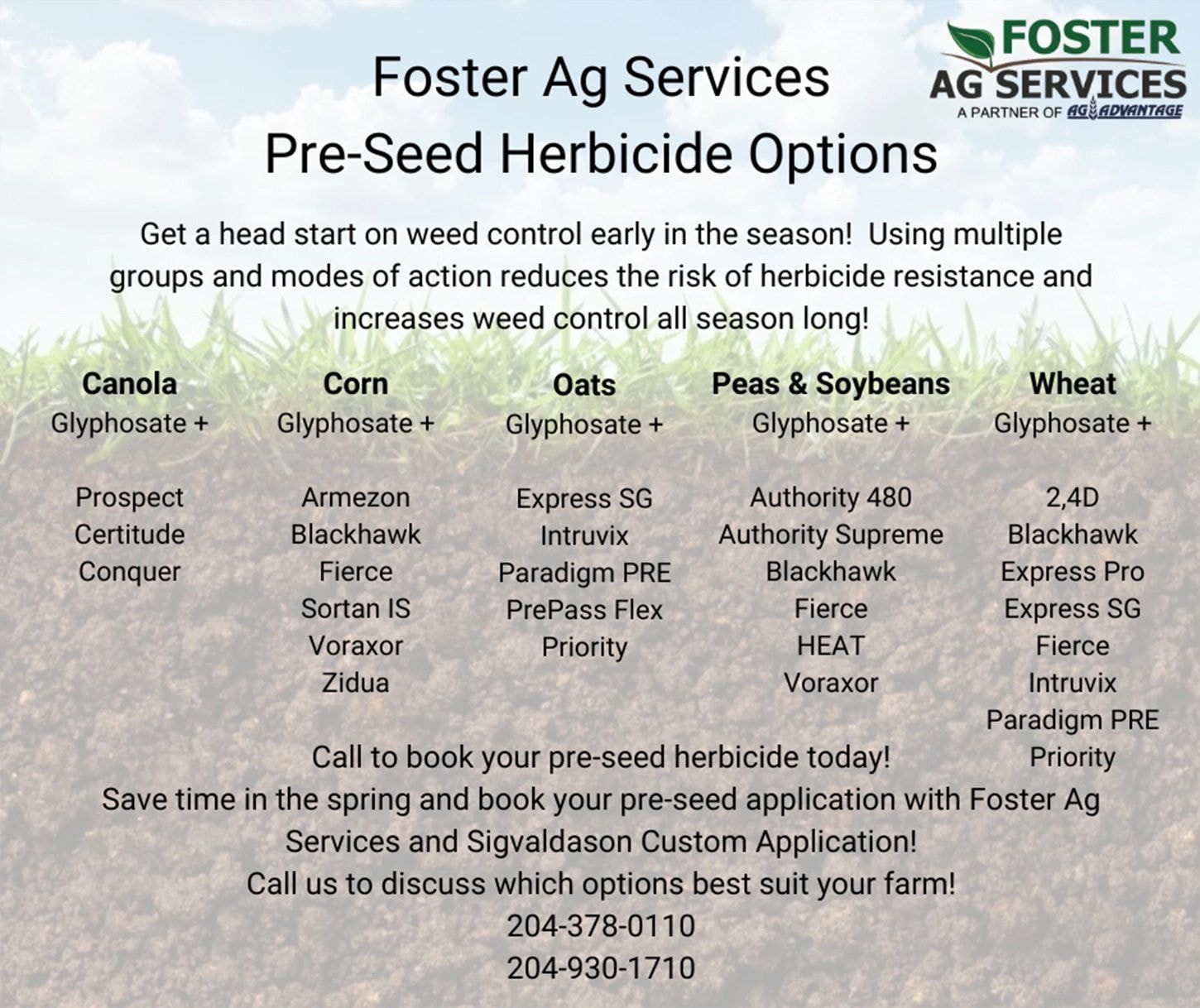 Foster Ag Services Pre-Seed Herbicide Options infographic